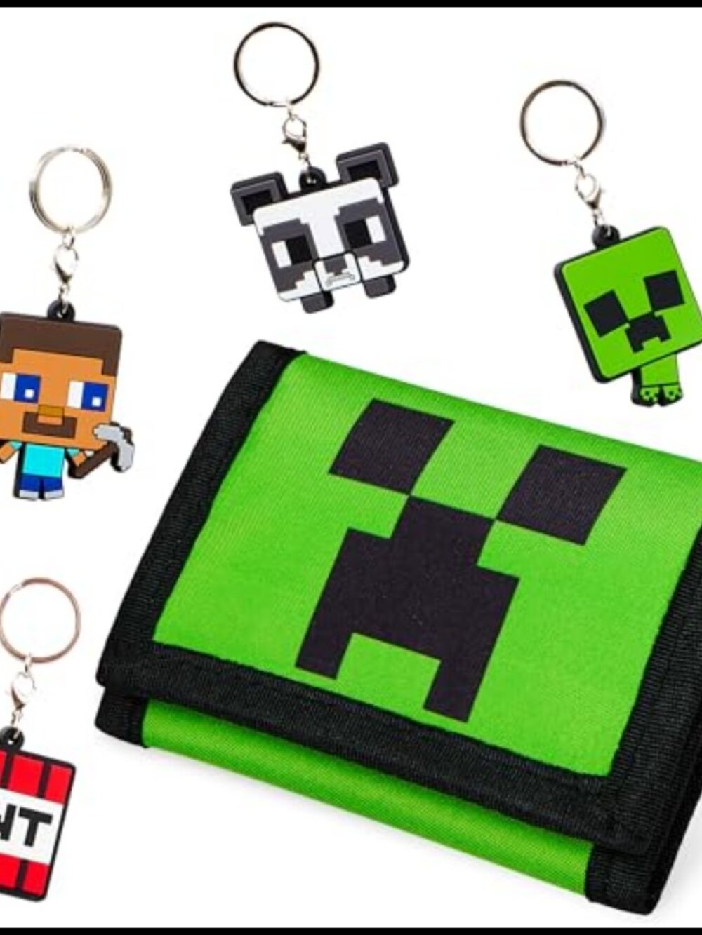 Kids Minecraft Wallet Set 4 Creeper Keyrings Card Slots Zip Coin Pocket